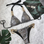 Halter Metal Chains Rhinestone Diamond Bikini Women Swimsuit Female Swimwear Two Pieces Bikini set Brazilian Bathing Suit Swim