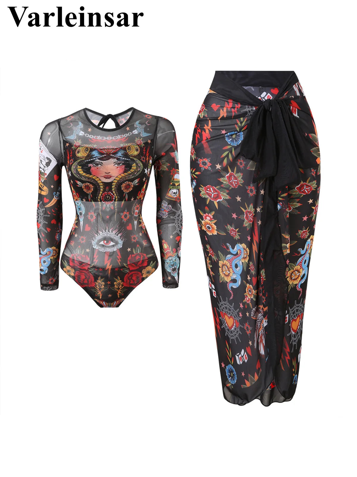 S - XXL Printed Long Sleeve With Sarong One Piece Swimsuit Women Swimwear Female Flowers Padded Bather Bathing Suit Swim V7181