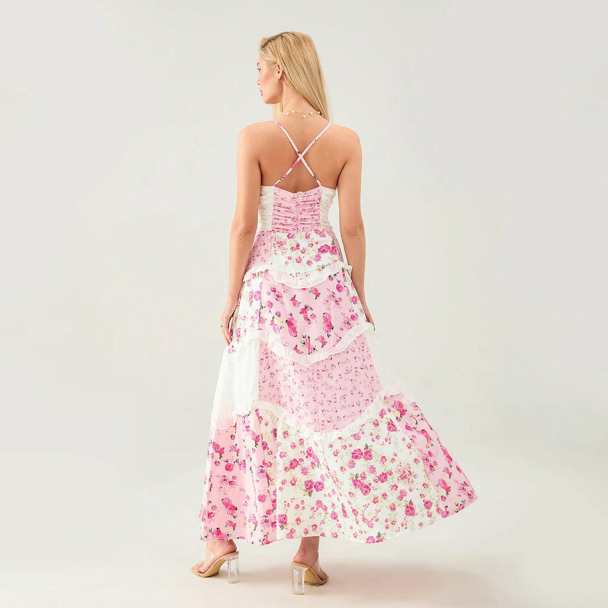 Women's Summer Floral Print Bohemian Long Dress Stylish Lace Patchwork Ruffled Trim Spaghetti Strap V Neck A-Line Dress