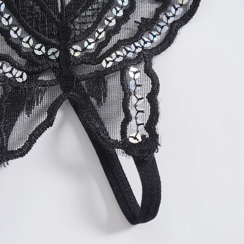 Double-Layer Thin Strap Sexy Thong Butterfly Embroidery Low Waist Sexy Bikini Pure Lace Sequins T-Shaped Panties Sexy G-strings