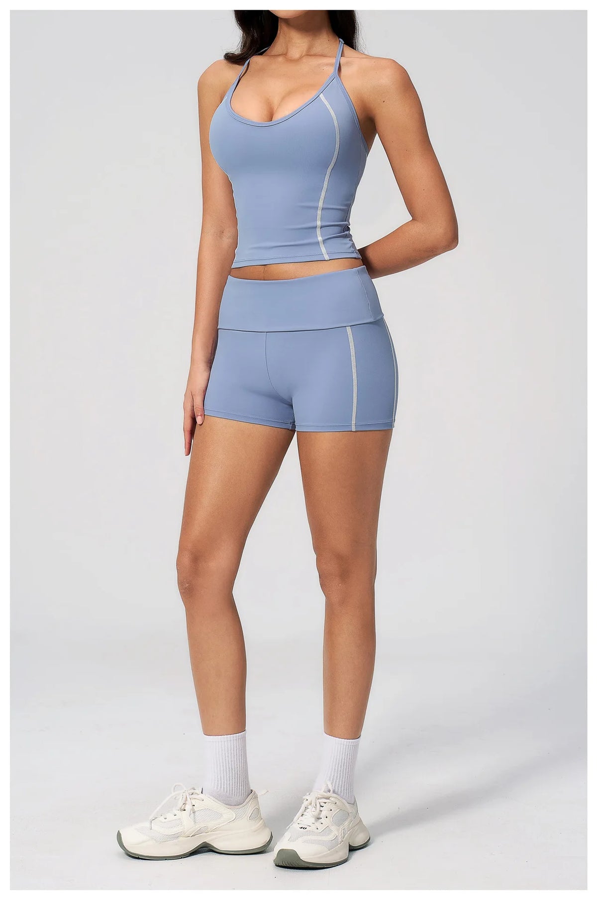 2PCS Women Yoga Sets Color Contrast Hanging Neck V Neck Slimming Sports Tank Top Flip High Waist Shorts Gym Running Fitness Suit