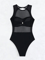 Sexy See Through One Piece Swimsuit 2025 Women Solid Black Mesh Transparent Hollow Out Backless Bathing Suit Swimwear Beachwear