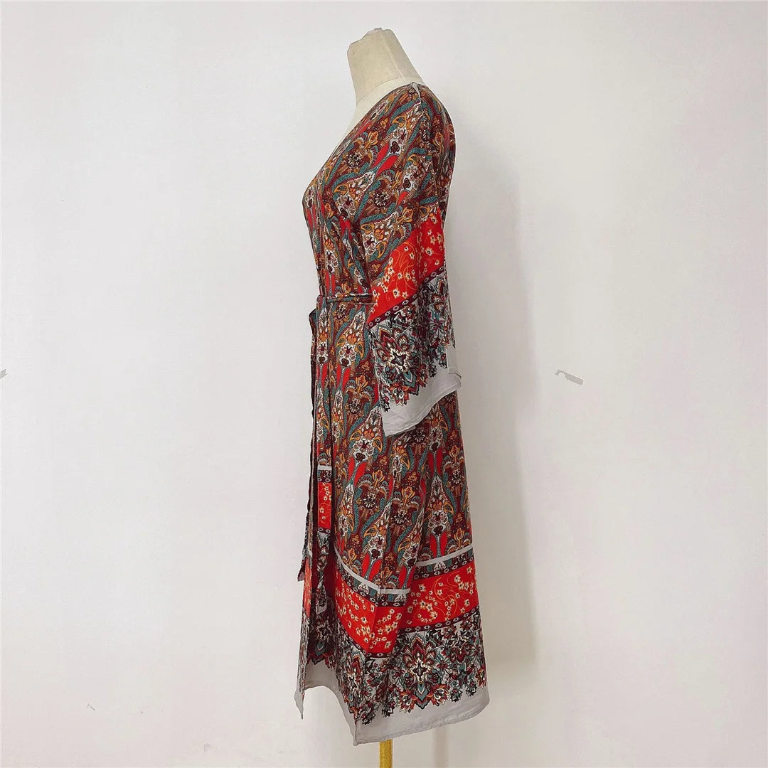 Printed Long Sleeve Crochet Knitted Cardigan Tunic Beach Cover Up Cover-ups Beach Dress Beach Wear Beachwear Female Women K7203