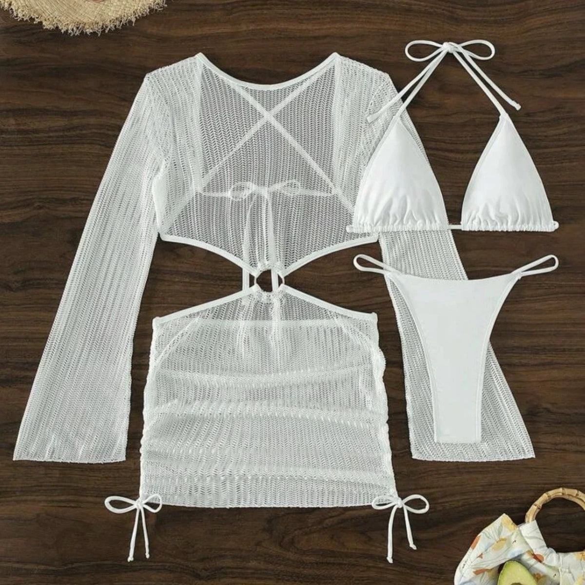 DEKA Women Solid Bikini Set Halter Bra Lace-up Swimsuit Set With Mesh Yarn Cover Up Dress KnittedLong Sleeve Boho Swimwear