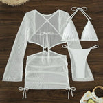 DEKA Women Solid Bikini Set Halter Bra Lace-up Swimsuit Set With Mesh Yarn Cover Up Dress KnittedLong Sleeve Boho Swimwear