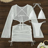 DEKA Women Solid Bikini Set Halter Bra Lace-up Swimsuit Set With Mesh Yarn Cover Up Dress KnittedLong Sleeve Boho Swimwear