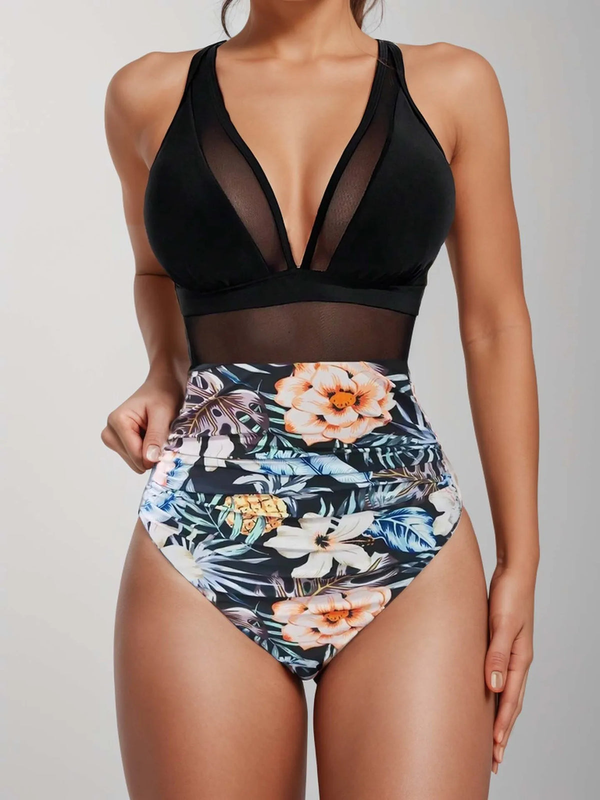 Sexy Black One Piece Swimsuit 2026 Women Mesh Patchwork Transparent Tummy Control Swimwear Bathing Suit See Through Monokini