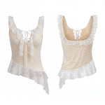 Women Flounce Vest Lace Jacquard Square Neck Tie-up Tank Tops Backless Sleeveless Slim Fit Retro Blouses for Party Club
