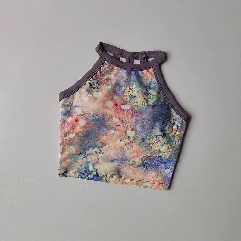 New High-end Yoga Lingerie Women's One-piece Fixed Cup Shock-proof Underwear Gathering Sexy Printed Wide Shoulder Strap Vest