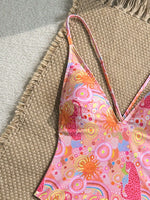 Sexy Pink Floral Print Swimwear Women 2026 Deep V Neck Slim Tummy Control One Piece Swimsuit Beach Hoiday Bathing Suit Monokini