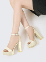 Gold Size35-42 Sandals Women's Thick Heel Square Head Buckle Waterproof Table Open Toe Hollow Word with High Heel Sandals