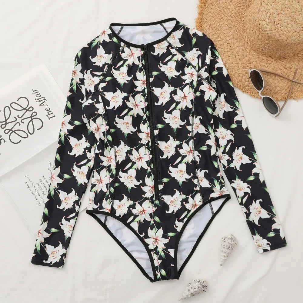 2026 Surfing Sport Swimsuit Long Sleeves Women One Piece SwimsuitSwimwear Solid Monokini Bathing Suit Tropical Bodysuit Female