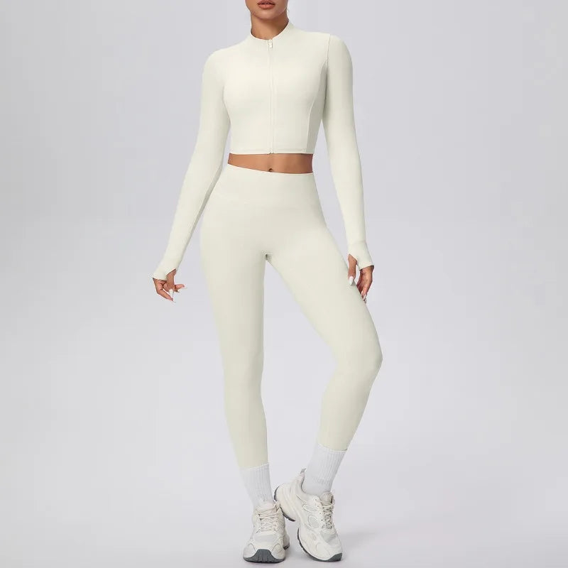 New Women Yoga Set Solid Color Double-Sided Brushed Bare Feel Short Long-Sleeve Jacket Tight Pants Running Fitness 2-Piece Set