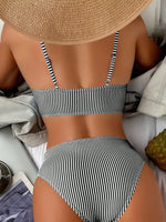 2026 Summer Sexy Deep V Neck Swimsuit Frill Trim High Waist Bikini Set Striped Print Backless Swimwear Bathing Suit Beachwear