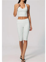New Summer Women White Polka Dot Print Yoga Sets Hanging Neck Slim Sport Vest High Waist Mid Pants Gym Two-piece Workout Clothes