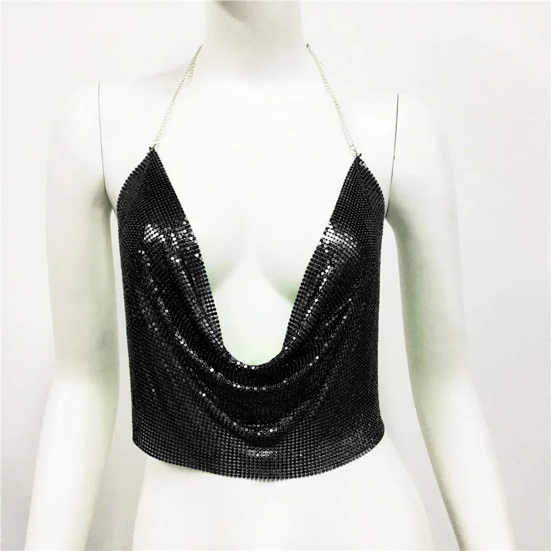 DEKA Bling Bikini Tops Deep V Neck Vest Backless Sequins Women Crop Top Night Club Diamonds Metal Tank Adjustable Halter Shiny