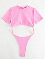 XS - L Mini Micro Thong Short Sleeve One Piece Swimsuit Women Female Swimwear Cut Cut Monokini High Cut Bathing Suit Swim Lady