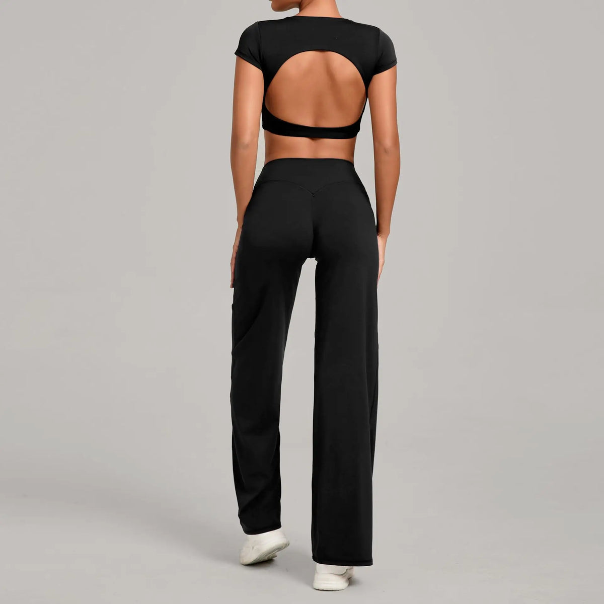 Women's Tracksuit Yoga Sets Back Hollow Out Short Sleeve Sports Shirts High Waist Straight Leg Pants Gym Running Fitness Suits