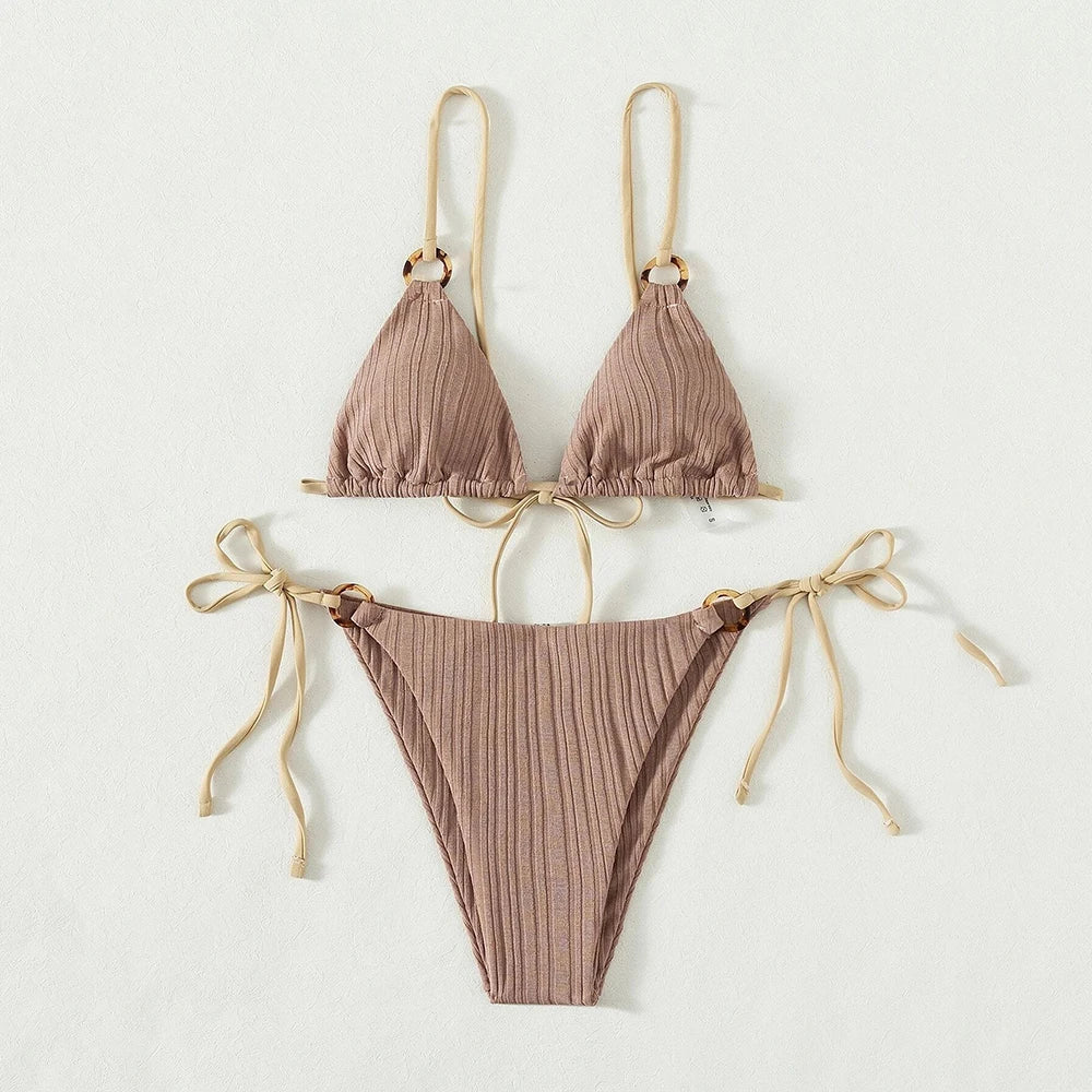 Light Blue Ribbed Swimwear String Bikinis Sets Woman 2026 Sexy Swimsuit Ring Bathing Suit Brazilian Micro Bikini Thong Donna