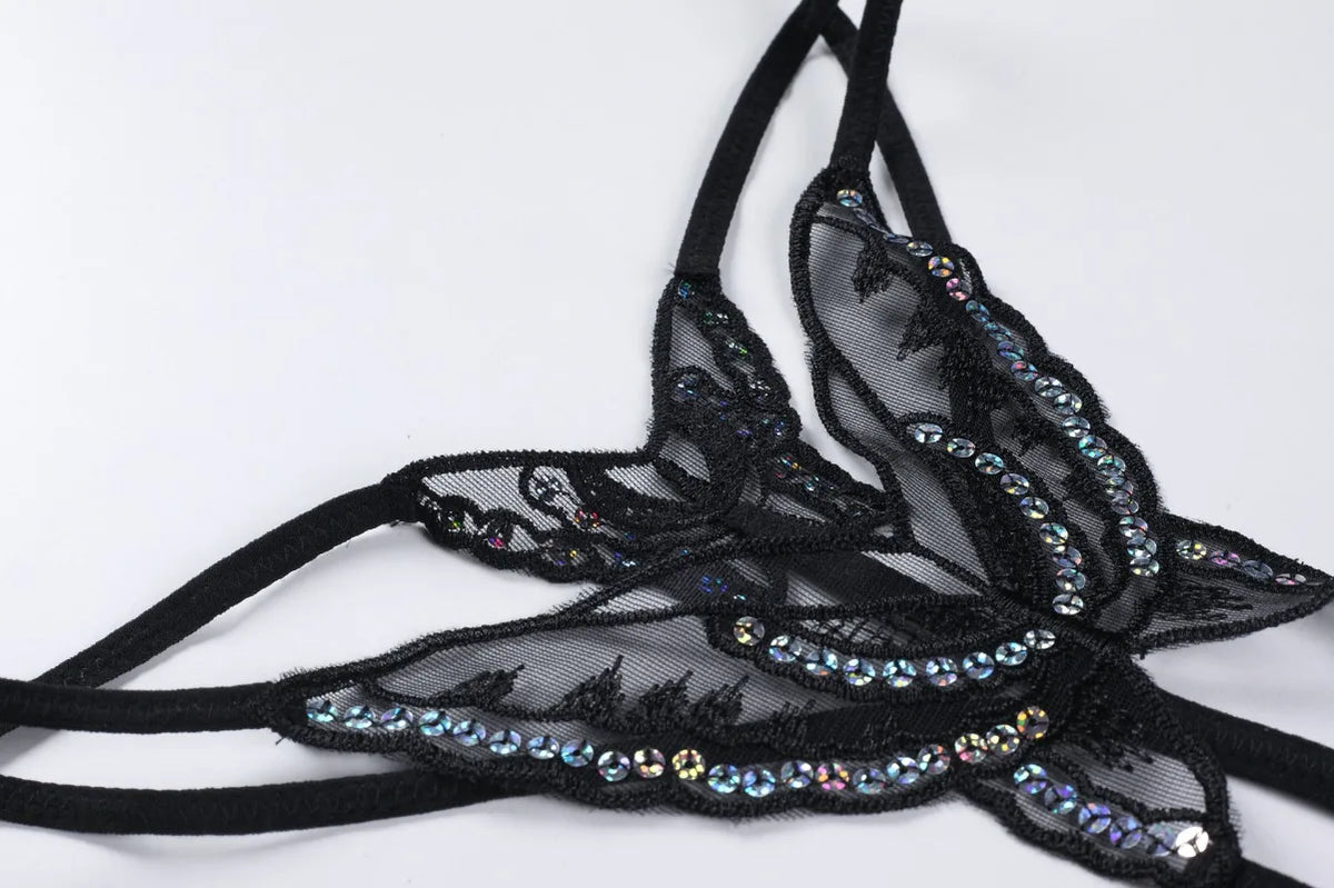 Double-Layer Thin Strap Sexy Thong Butterfly Embroidery Low Waist Sexy Bikini Pure Lace Sequins T-Shaped Panties Sexy G-strings