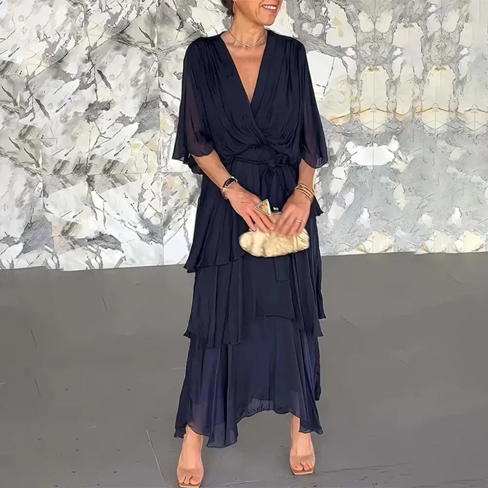 Women's Flowy Chiffon Wedding Guest Dress Ruffle Half Sleeve Empire Waist Ruched Wrap Dress V Neck Tiered Swing Dresses