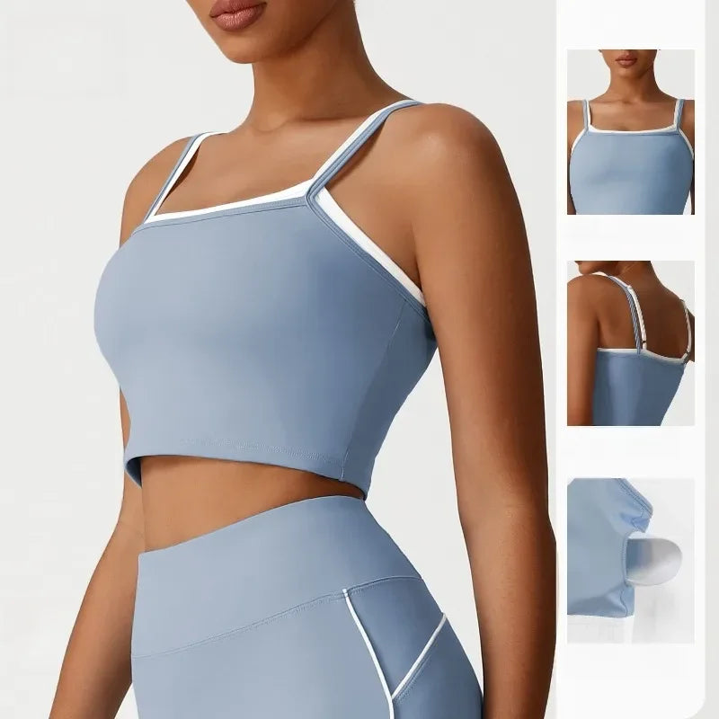 Women's Seamless Yoga Vest - Fake Two-Piece with Backless Removable Padded Sports Bra Stretchy Running Fitness Tank Top