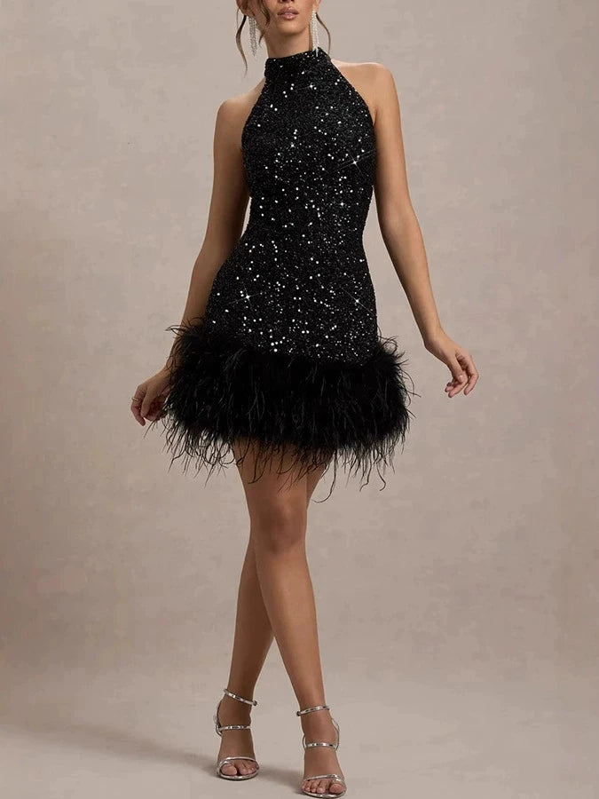 Elegant White Sequins Feather Hem Mini Dress Women Sexy Off Shoulder Slim Halter Dresses 2025 New Shiny Female Party Vestidos