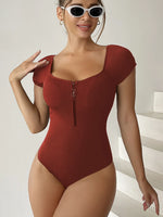 Vintage Swimwear Female Short Sleeve One Piece Swimsuit Women Zipper Monokini Biquinis Bathing Suit Bodysuit Black 2023 New