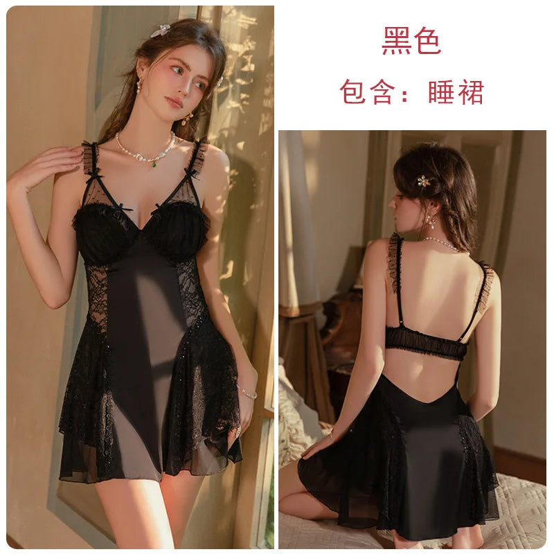 2pcs sexy Silky Satin Lace Sleepwear Hollowed out Seduction Gathered Detachable Chest Cushion Backless Nightgown Outer Robe Set