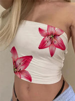Women's Floral Print Tube Tops Summer Strapless Bandeau Tops Slim Fit Cropped Tank Shirts Streetwear