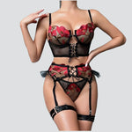 Toucheart 4-Piece Sexy Lingerie Set Women Embroidered Flower Straps Cross Hollow Out Mesh Patchwork Sexy Lace Up Bra Garters Set