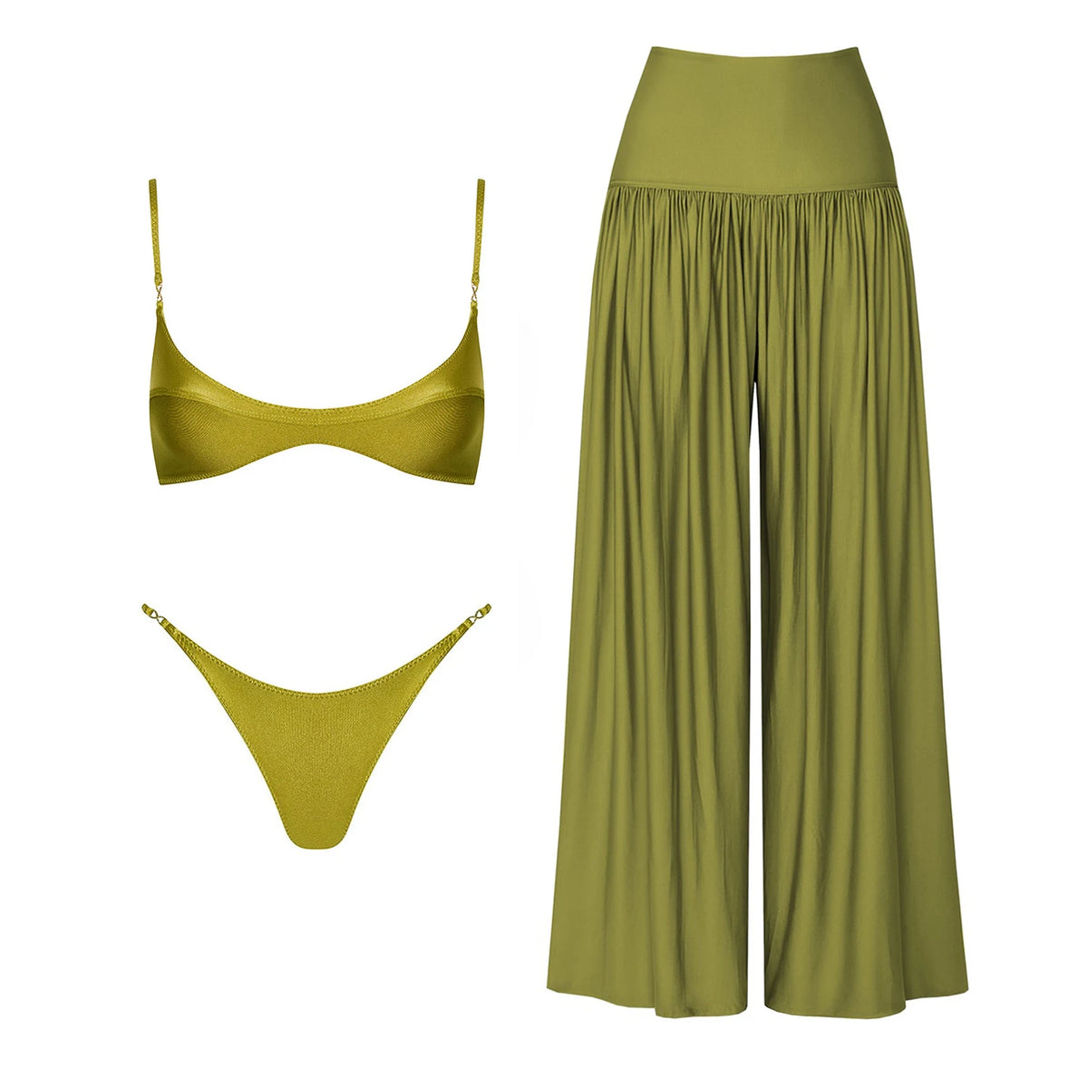 Bandeau 3Pcs Biquini Sexy Bikini Women Swimsuit Push Up Swimwear Female Strappy Bathing Suits Green Bodysuit Beachwear Swim Suit