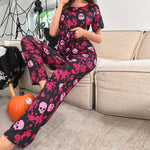 Women’s Halloween Pajama Set 2 Pieces Long Sleeve Skull Floral Print T-shirt Tops and Pants Set Sleepwear Loungewear
