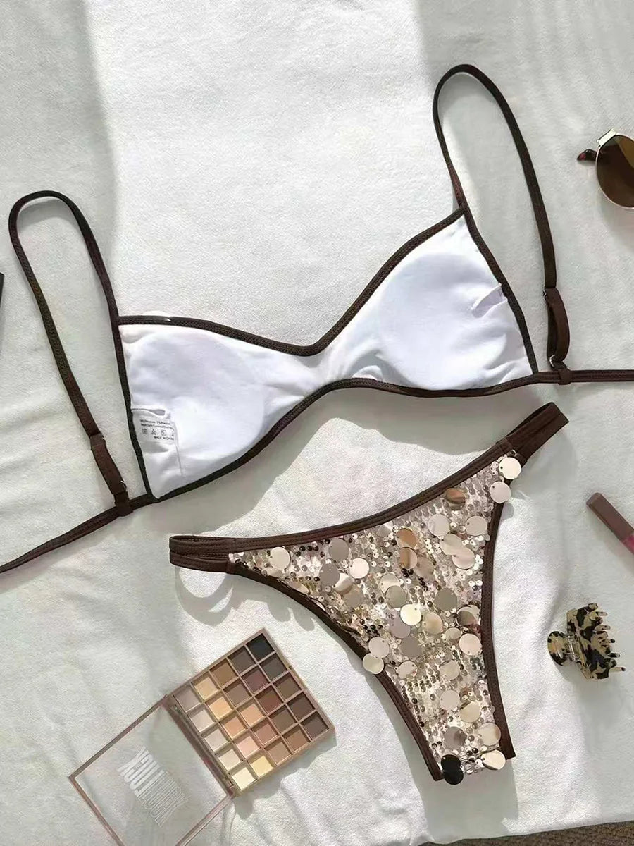Glitter Sparkling Squins Halter Bikini Women Swimsuit Female Swimwear Two-pieces Bikini Set High Leg Cut Bathing Suit Swim Lady