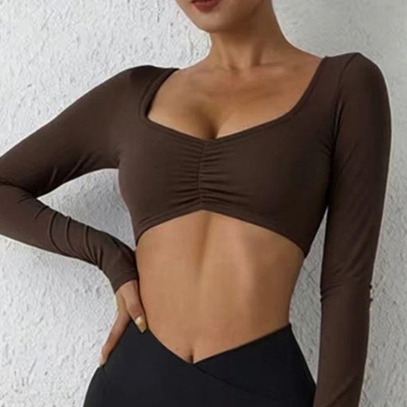 DIAS FIT JOY Nylon Gym Top Yoga Long Sleeved T-Shirt Tight Pleated Sports Top Women's Waist Tight Yoga Top