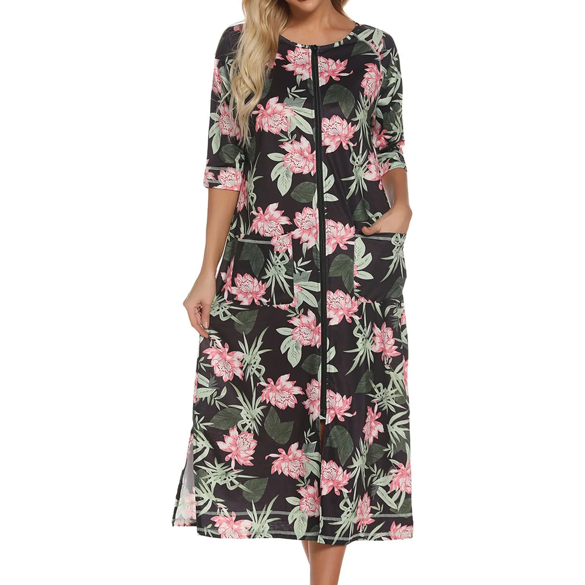 Summer Dresses For Women 2024 Zipper Front Robe Half Sleeve Bathrobe Full Length Soft Cotton Duster Dress With Pockets Home Wear