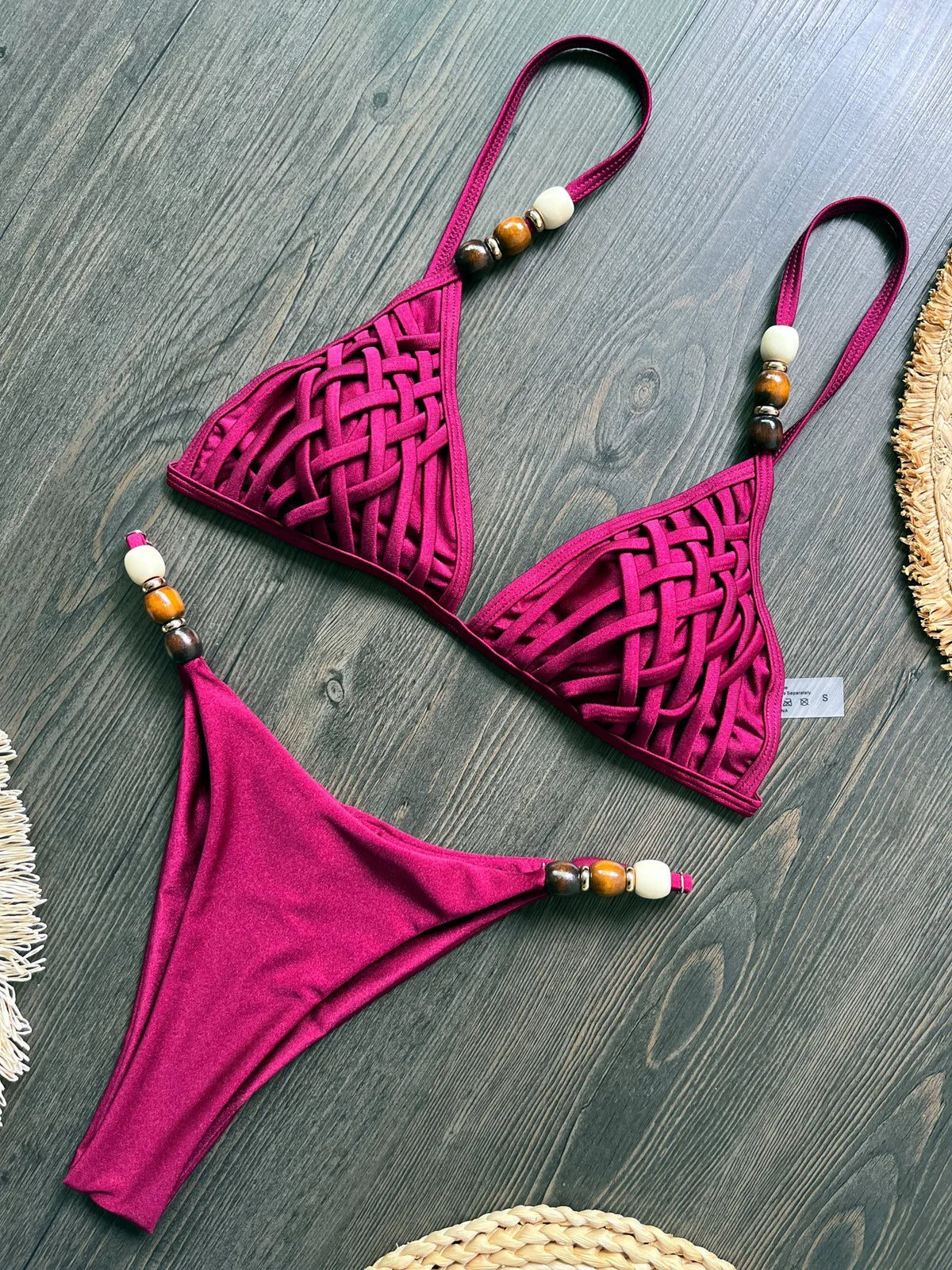 Sexy Pearls Strap Hole Out Micro Bikini Women Brown Knitted Push Up Bra Thong Swimsuit Summer Bathing Suit Holiday Swimwear 2026
