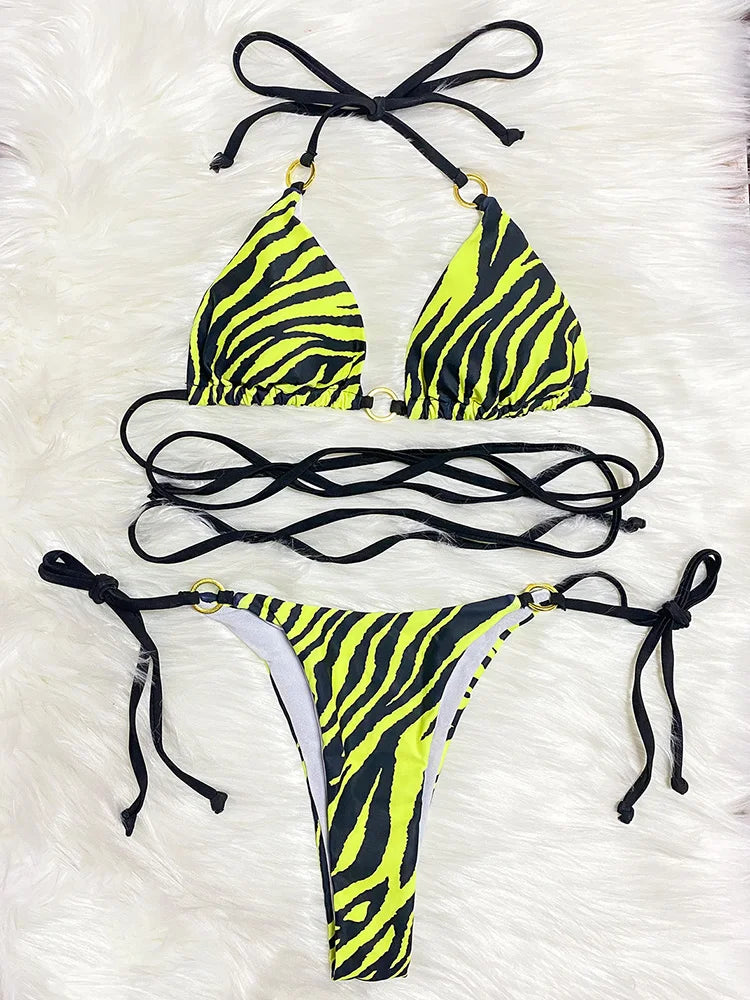 Zebra Leopard Wrap Around Halter Micro Mini Bikini Women Swimwear Female Swimsuit Two-pieces Bikini set Bather Bathing Suit Swim
