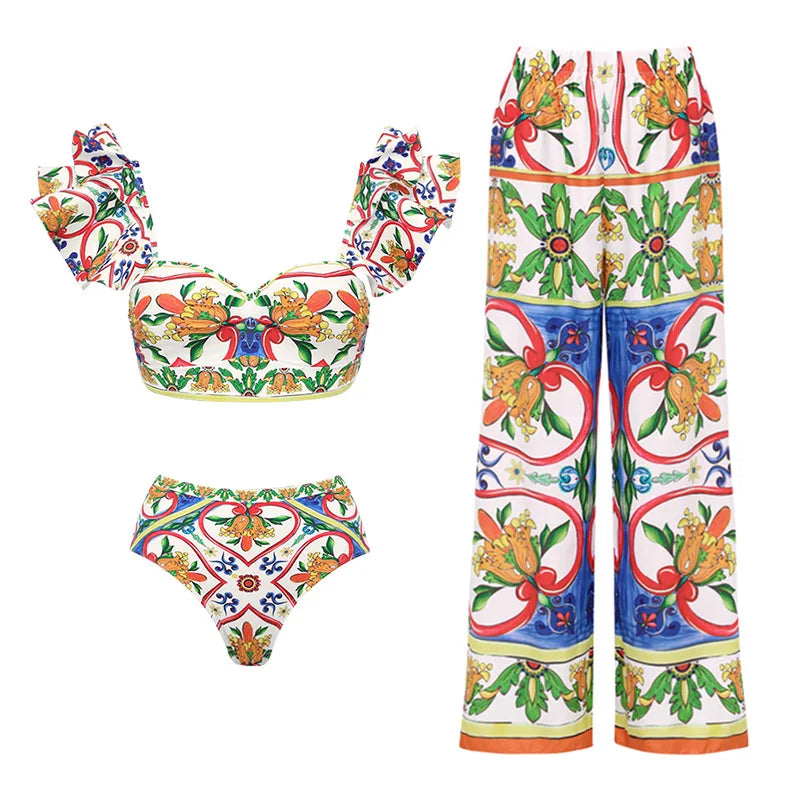 2024 Women Swimwear 2PC Cover-up Swimsuit Ruffle Solid Printed Deep V One-piece Monokini Kimono Bikini Suit Summer Beachwear