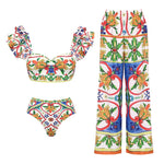 2024 Women Swimwear 2PC Cover-up Swimsuit Ruffle Solid Printed Deep V One-piece Monokini Kimono Bikini Suit Summer Beachwear