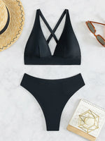 Solid Color Black Swimsuit for Women 2026 Summer High Waist 2-piece Bikini Set Beach Bathing Suit Bandage Vacation Swimwear