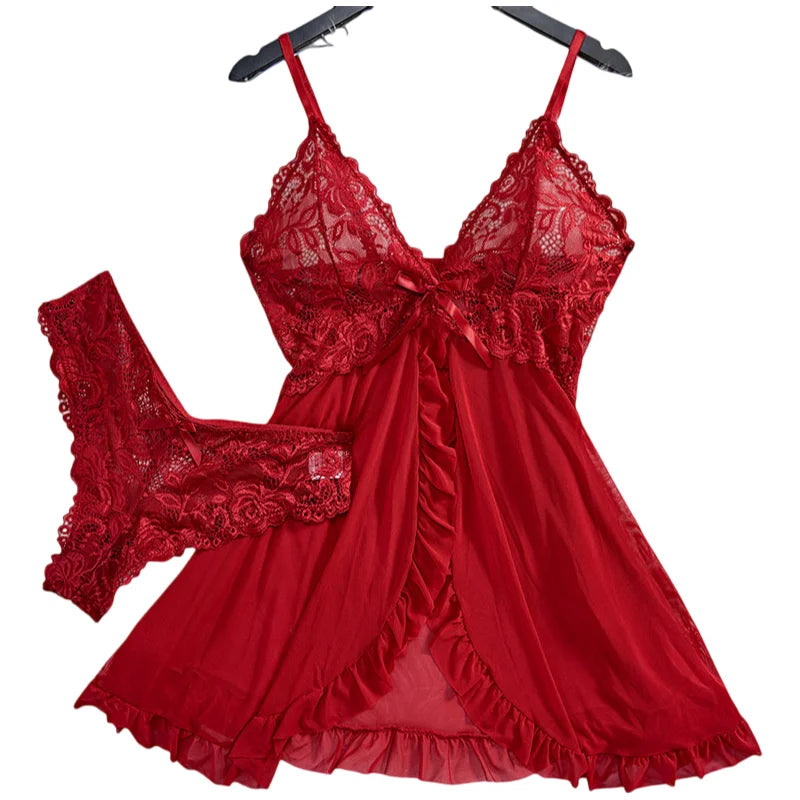 Ultra Sexy Lingerie Women Lace SeeThrough Nightdress Erotic PajamasSolid Soft Slim V Neck Sleepwear Summer Dress & Thong Kit