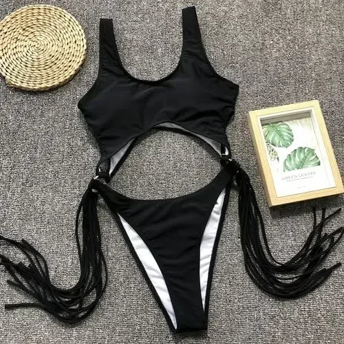 Splicing High Cut Out One Piece Swimsuit Women Tassel Swimwear Female Sexy Bathing Suit String Leopard Bikini 2025 Monokini Lady
