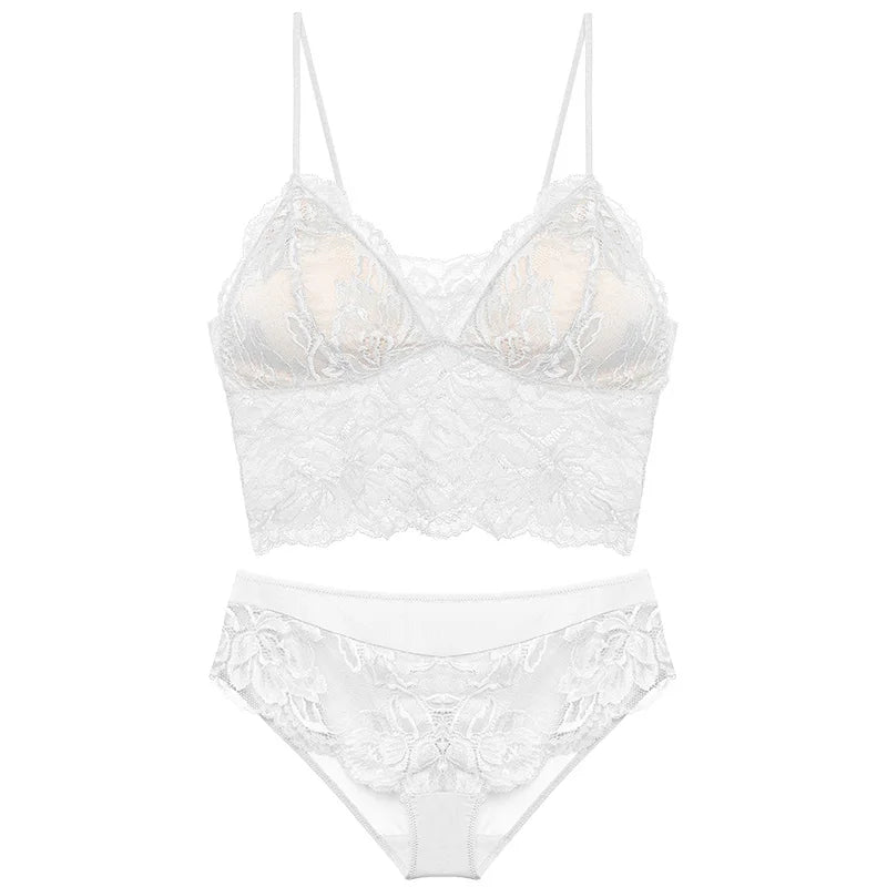 French Backless Bralette Sheer Lace Wireless Halter Top No Underwire Anti Nipple Show Comfort Bra & Tushy Set CA MOYISU Sexy Bra