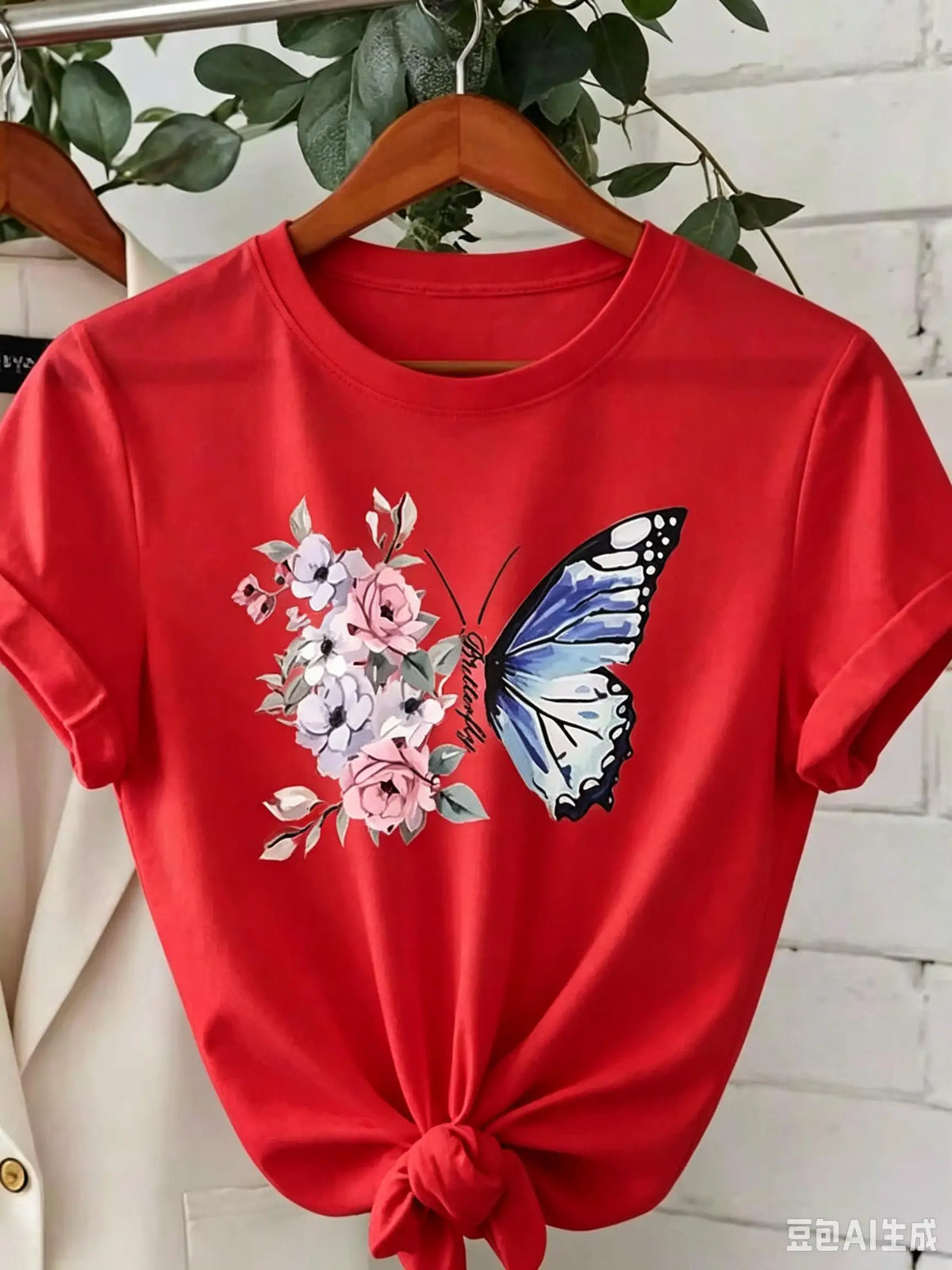 1-Piece Set--Women's Round Neck Chrysanthemum Floral Print T-Shirt Top, Fashion Anti-Wrinkle Cotton T-Shirt