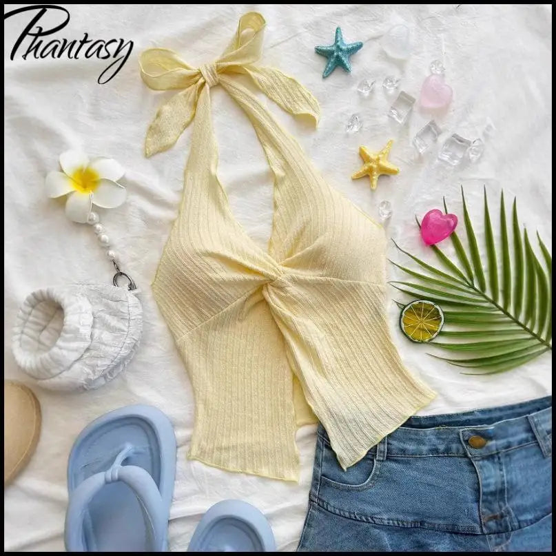 Sweet Bow-Tie Neckline Halter Topfor Women Hot Girl Solid-Color Cropped Knit Tank Top Summer Beach Outfit Female Clothes