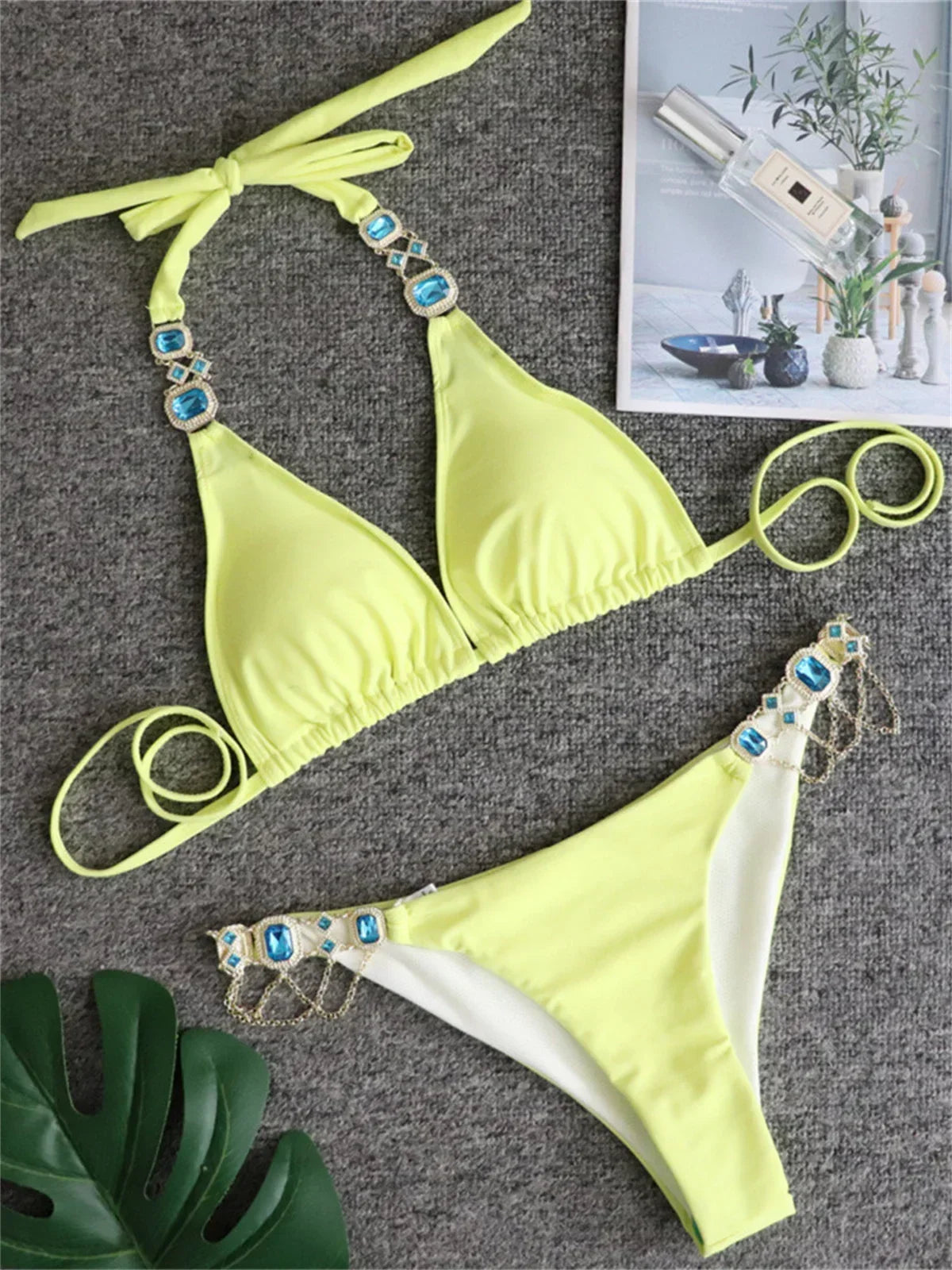 Luxury Rhinestone Bikini Women 2025 Sexy Orange Yellow Crystal Diamond Push Up Thong Swimsuit Beach Bathing Suit Tanga Swimwear