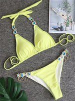 Luxury Rhinestone Bikini Women 2025 Sexy Orange Yellow Crystal Diamond Push Up Thong Swimsuit Beach Bathing Suit Tanga Swimwear