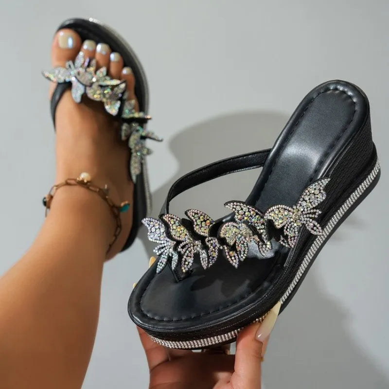 Shiny Crystal Wedge Heel Sandals for Women Fashion Clear PVC Platform Sandals Woman Thick Sole Rhinestone Butterfly Party Shoes