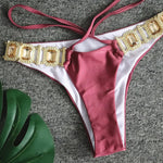 Sexy Rhinestones Thong Bikini Women Green Push Up Glitter Diamond Band 3 Piece Swimsuit Chain Metal Bathing Suit Luxury Swimwear